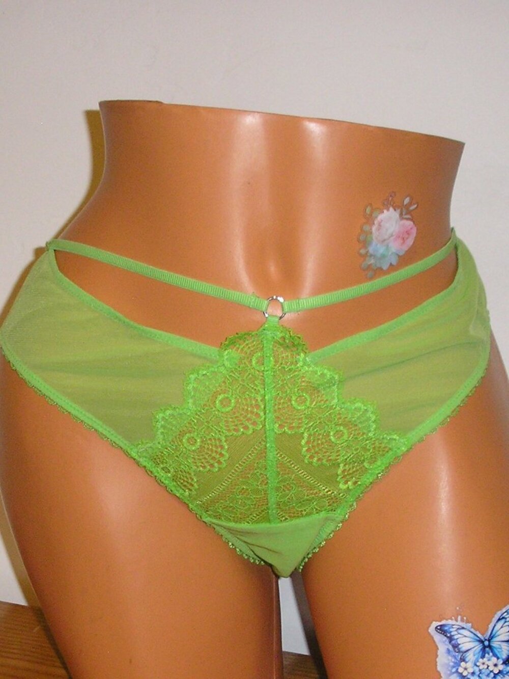 Adore Me Lace & Mesh Strap Front Green Bikini Panties Lingerie  Size Large - Picture 2 of 4